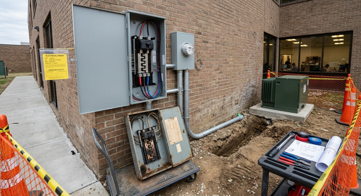 Open electrical panels on a brick building beside a construction area and traffic cones