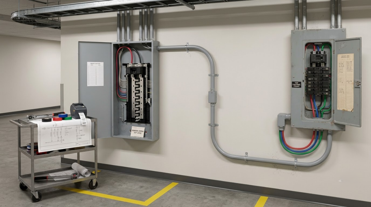 Industrial electrical panels mounted on a wall with conduit and a wheeled equipment cart nearby