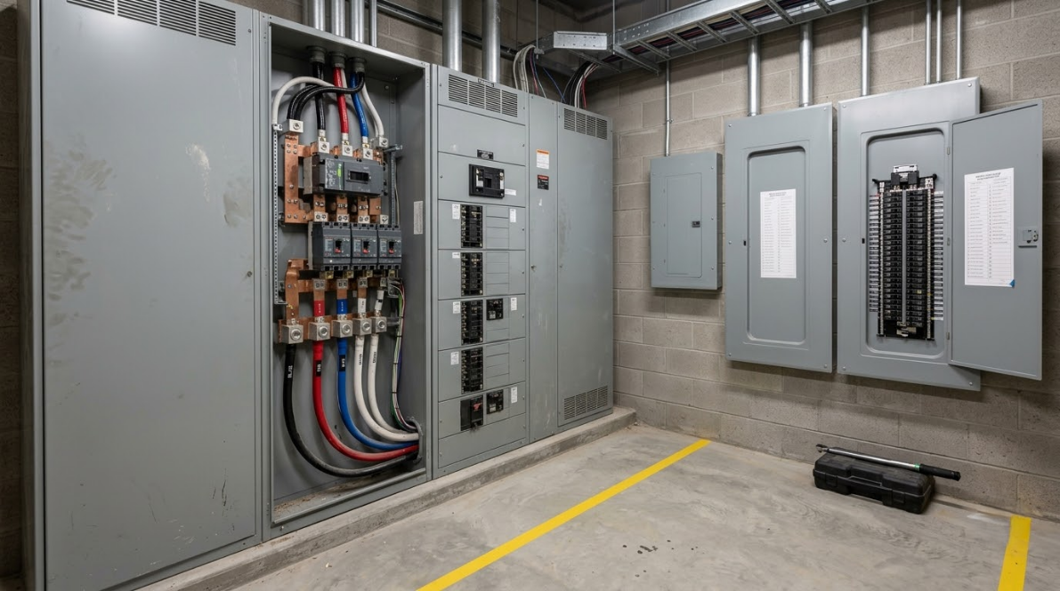 Industrial electrical control panels in a concrete room with exposed wiring and gray cabinets.