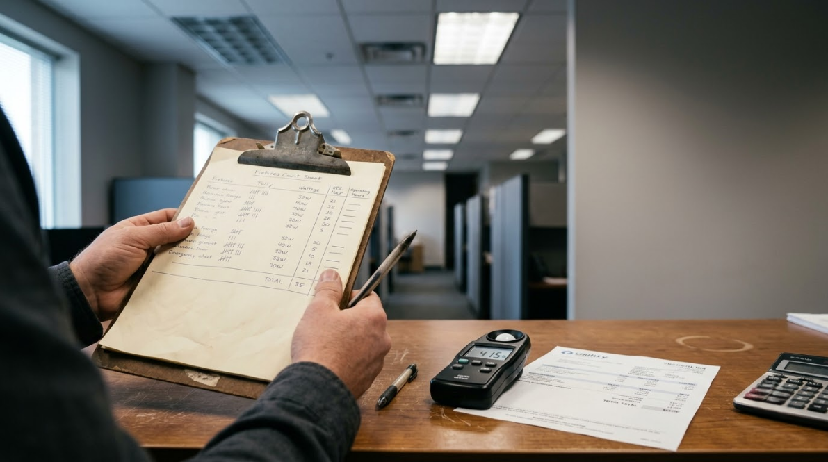 Person holding a clipboard at a desk with paperwork, a phone, and a calculator in an office corridor