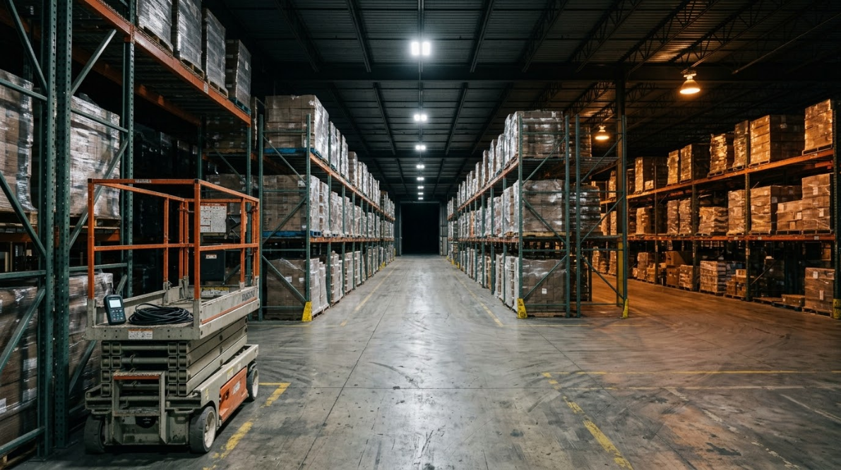 A wide warehouse aisle with tall shelving stacked with boxes and pallets under bright overhead lights.