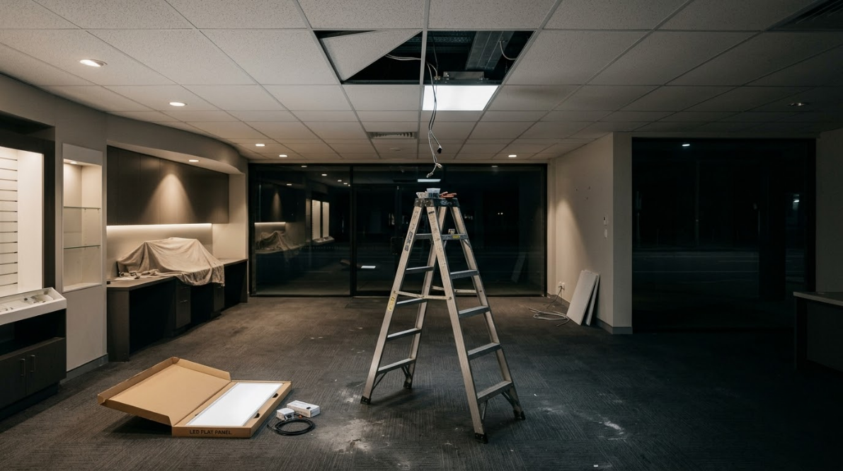 Abandoned office interior with a ladder, debris on the floor, and damaged ceiling tiles.