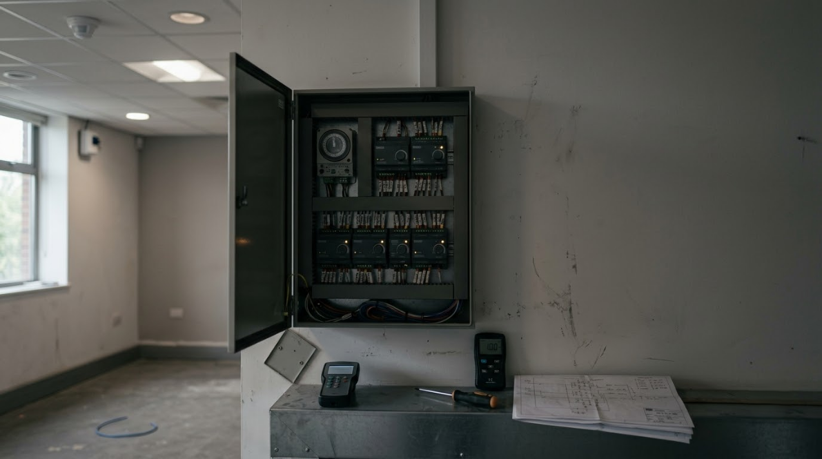 Empty room with open electrical panel on wall, counter with papers and small devices in foreground.