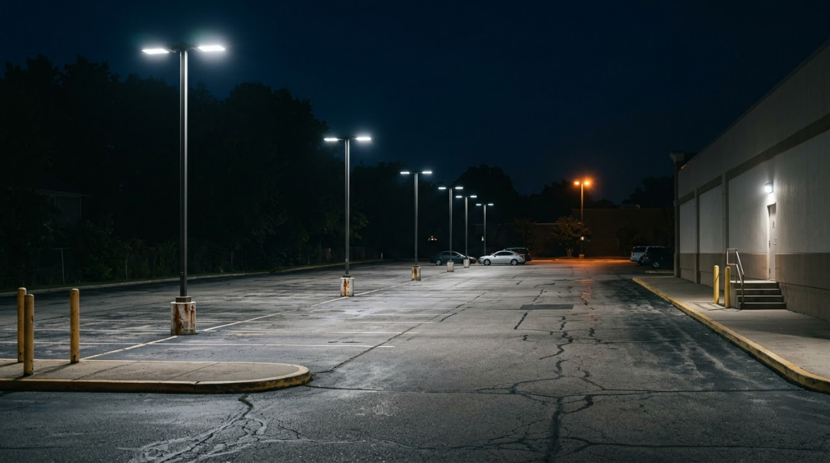 Empty parking lot at night with streetlights and a building on the right