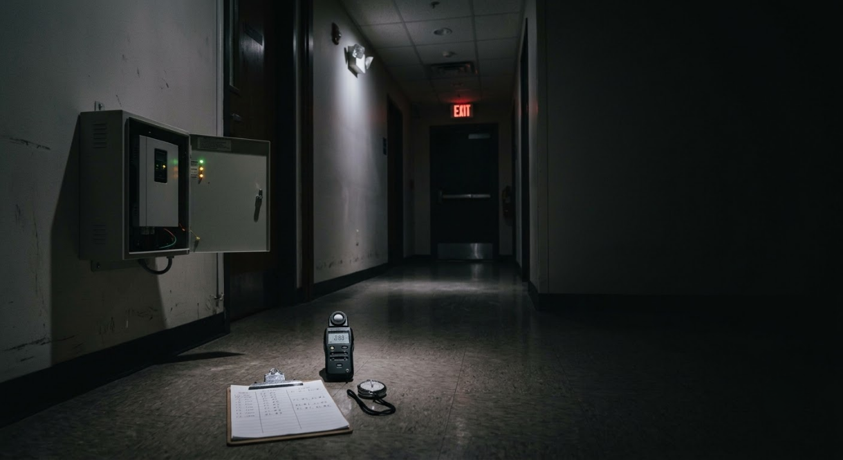 Dim hallway with a lantern, paper, and key on the floor, and a glowing exit sign in the distance.