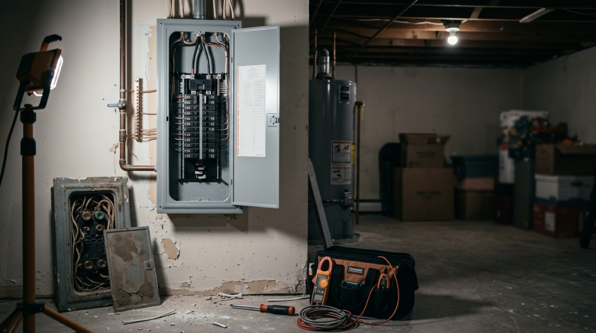 Open electrical panel with exposed wiring in a dim basement, with tools and debris on the floor.