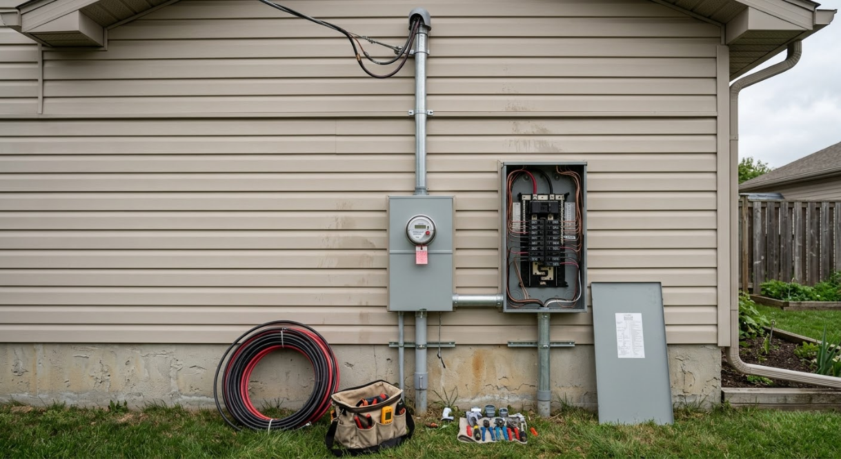 House exterior with electrical panels, gray siding, and a coiled hose on the ground