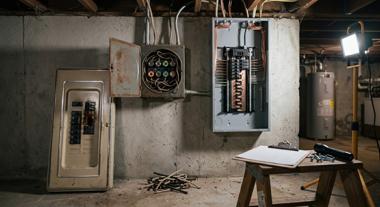 Basement electrical panels and breaker boxes with exposed wiring above a worktable