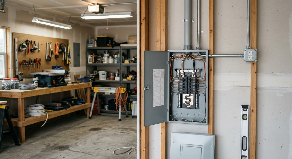 Garage workshop with tools on wall and an electrical breaker panel on the right
