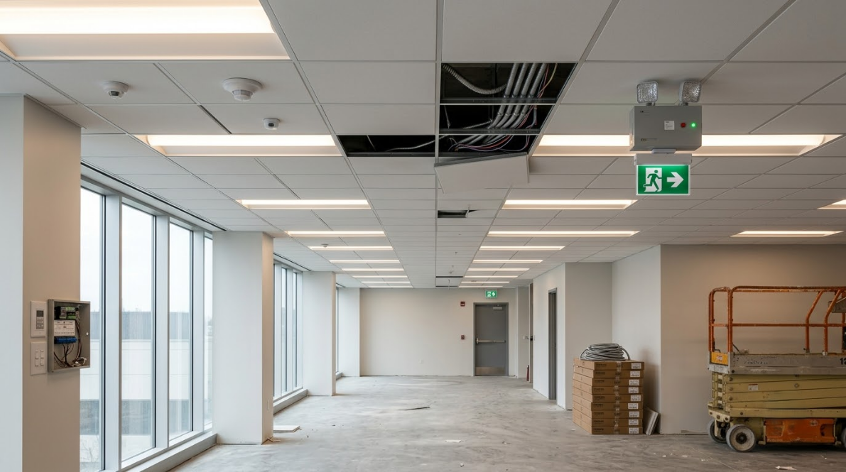 Empty office interior under renovation with exposed ceiling tiles, windows, and a construction lift