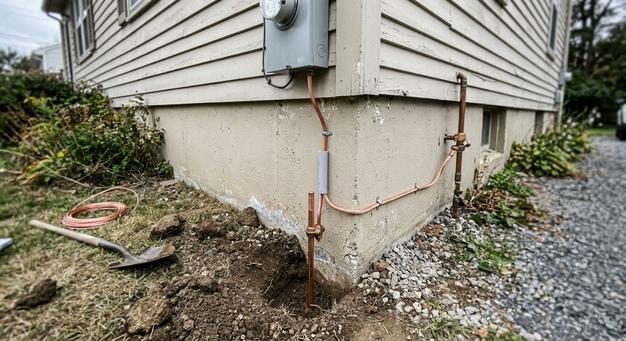 House foundation with exposed copper pipes and dug-up soil beside a gravel driveway