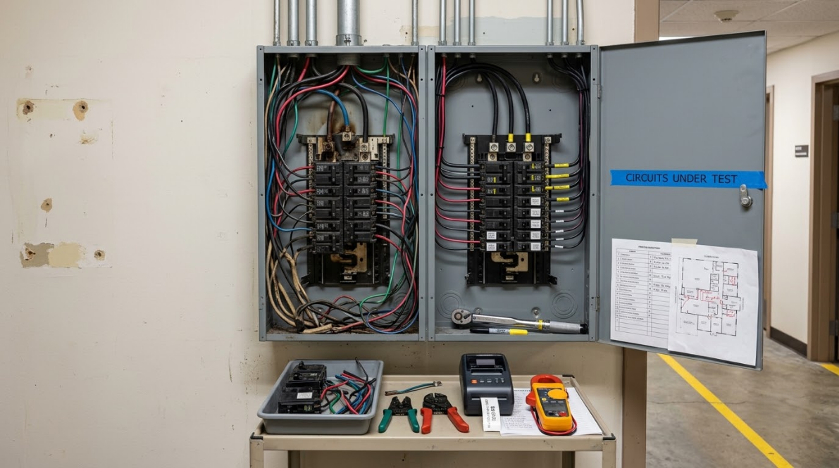 Open electrical panel with wiring and components on a wall, tools and meters on a table below.