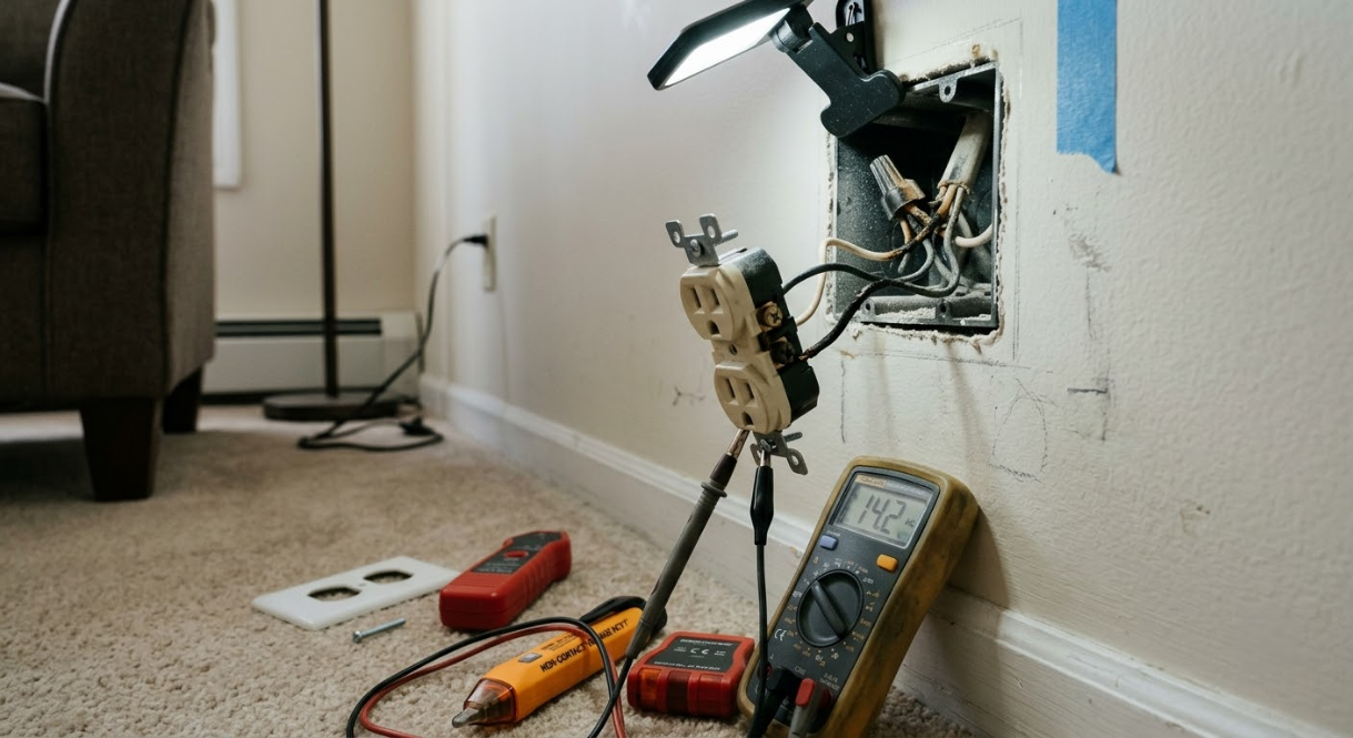 Electrical outlet with exposed wiring and tangled multimeter probes on a carpeted floor near a wall.