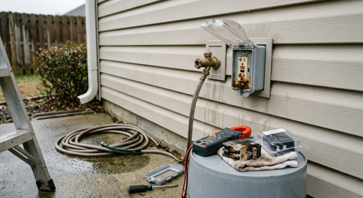 Outdoor house wall with a faucet, coiled hose, open electrical outlet, and utility tank nearby