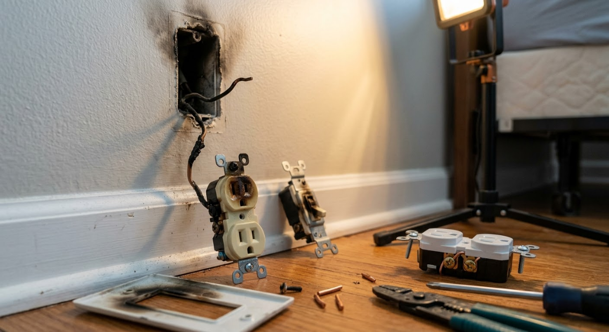 Broken wall outlet with exposed wires above a floor covered in tools and an open electrical box.