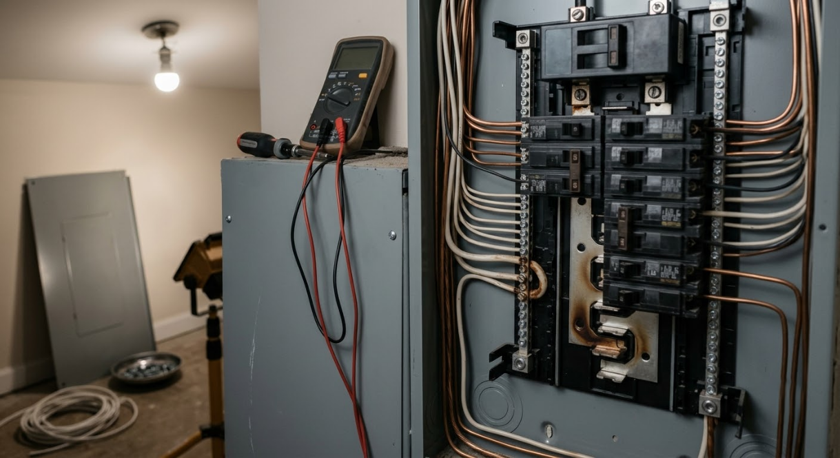 Open electrical panel with breakers and wiring in a utility room, next to gray metal cabinets.