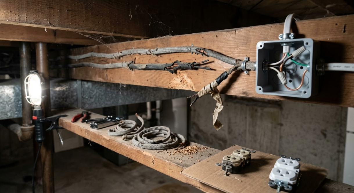 Dim attic with exposed wiring, a glowing bulb, and a metal electrical box mounted on the wall