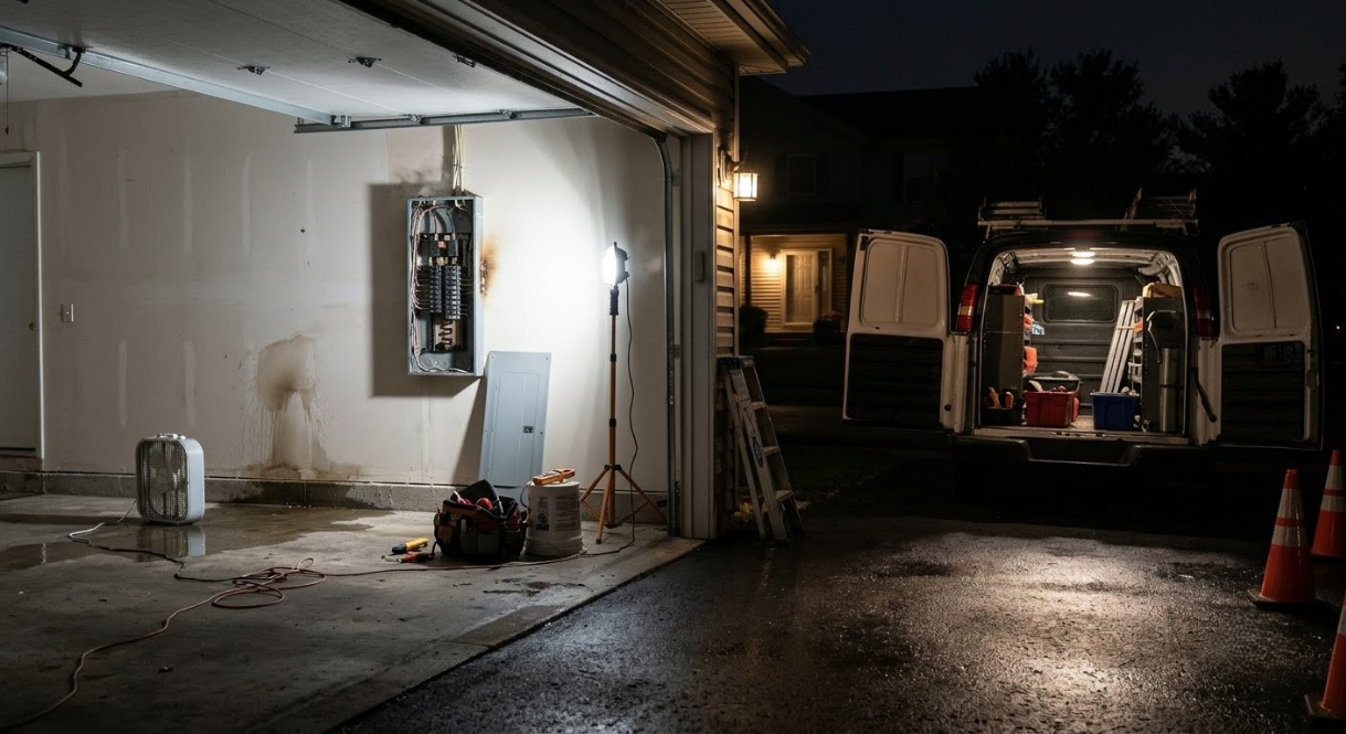 Night scene of a utility van and work area beside a building, with tools and traffic cones on wet pavement