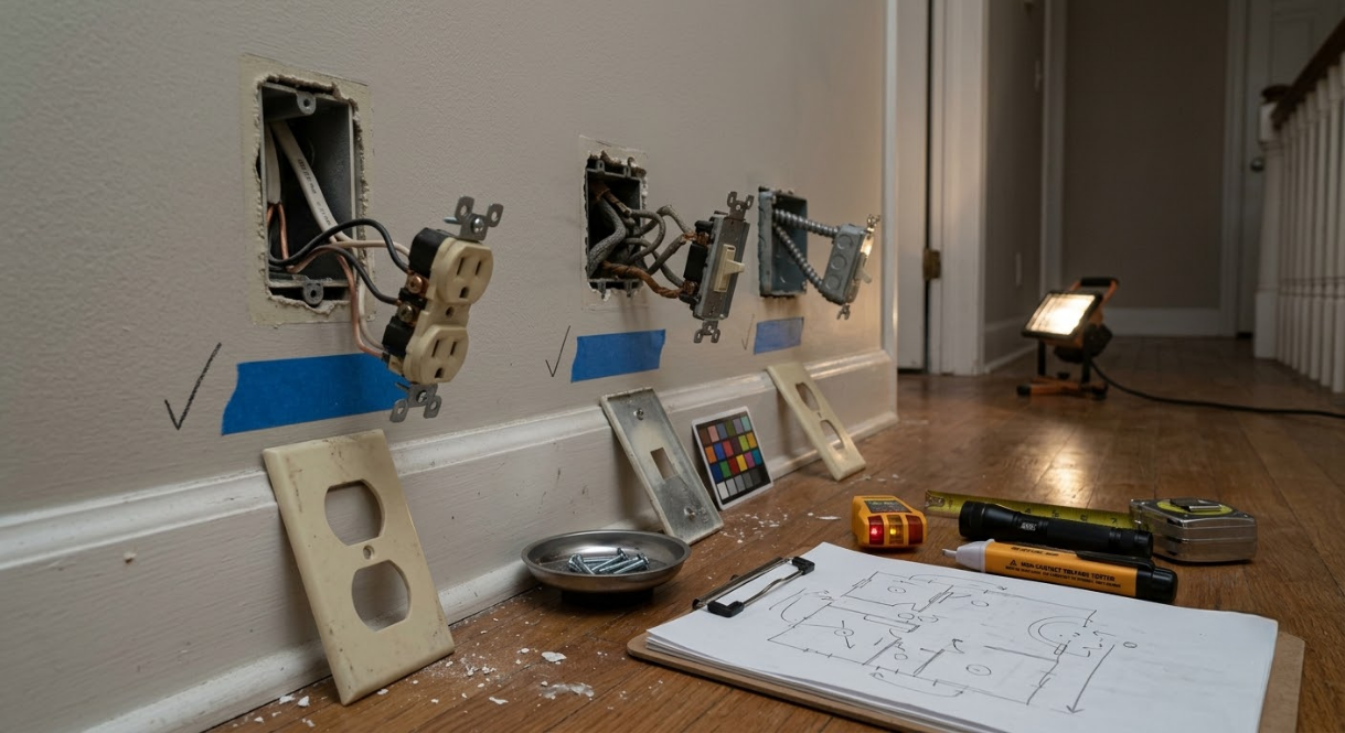 Unfinished wall outlet installation with exposed wires, tools, and a notepad on the floor of a room