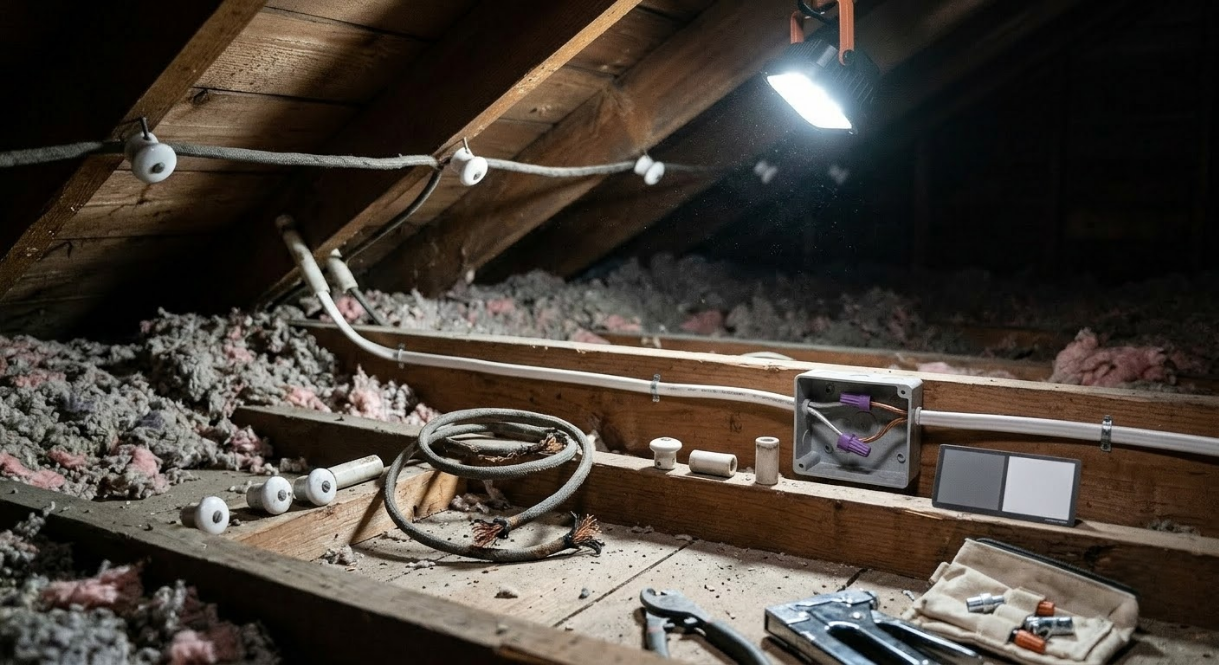 Attic with exposed rafters, insulation, and scattered tools under a bright work light