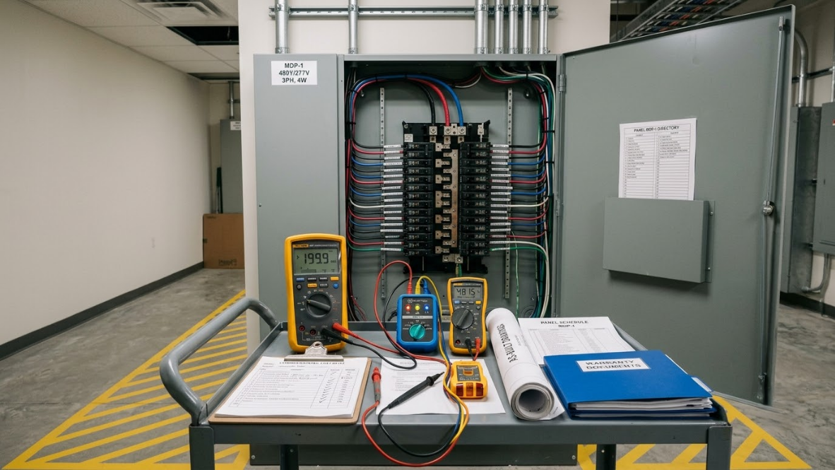 Electrical switchgear cabinet with open door, cables, test equipment, and documents in an industrial room