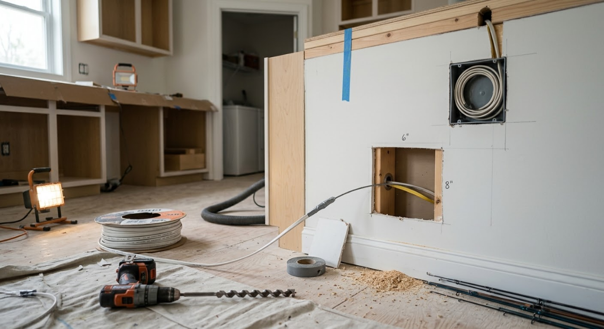 Home renovation worksite with drywall cutouts, tools, and dust-covered floor in a room.
