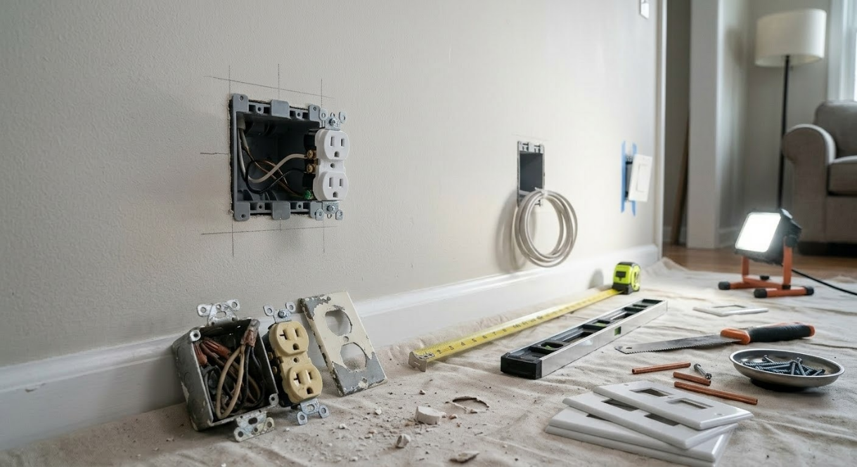 Messy room with tools, exposed electrical box, and coiled cable on a floor under renovation
