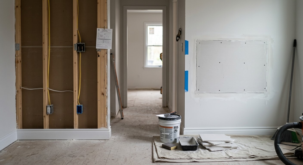 Partially renovated room with exposed wall studs, white walls, and construction tools on the floor