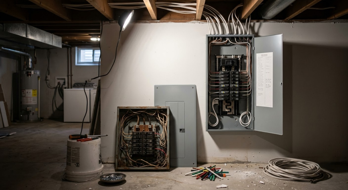 Basement utility room with open electrical panels, exposed wiring, and tools on the floor