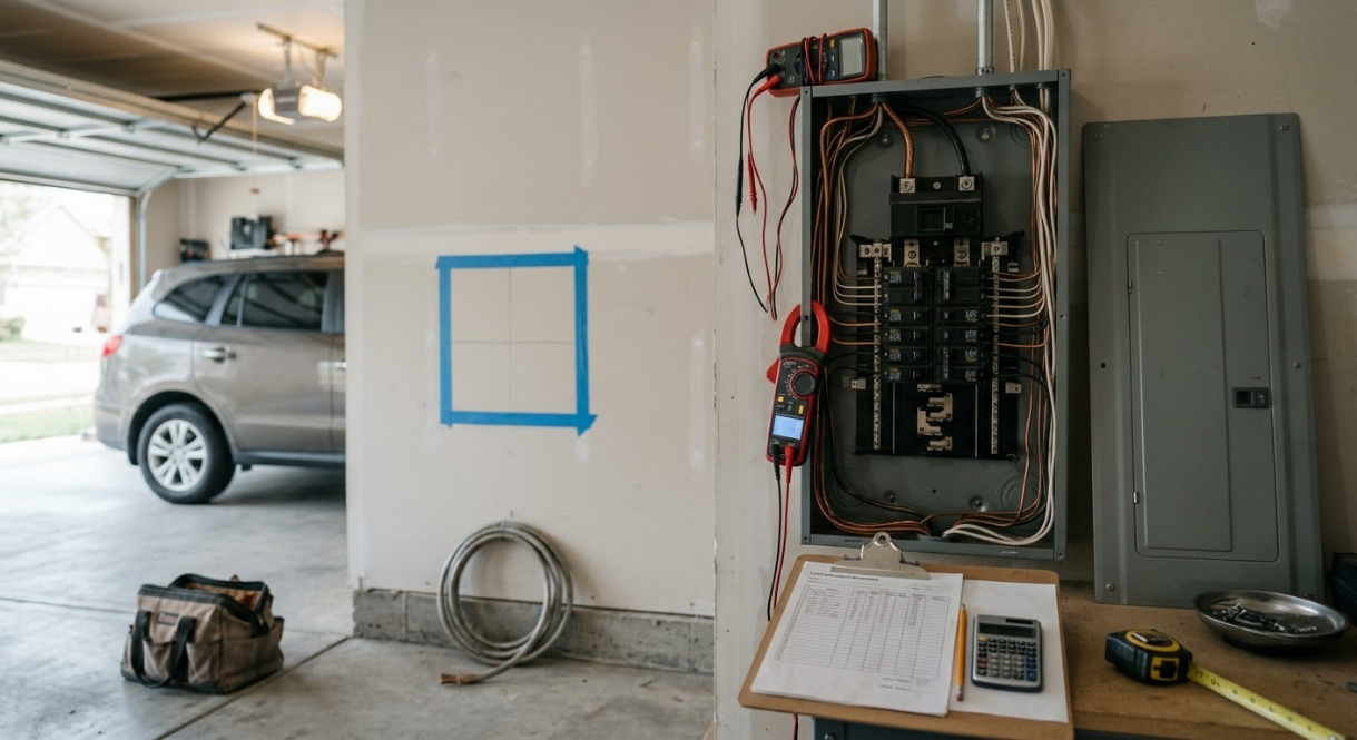 Garage with open electrical panel, blue-marked wall area, and a car parked inside.
