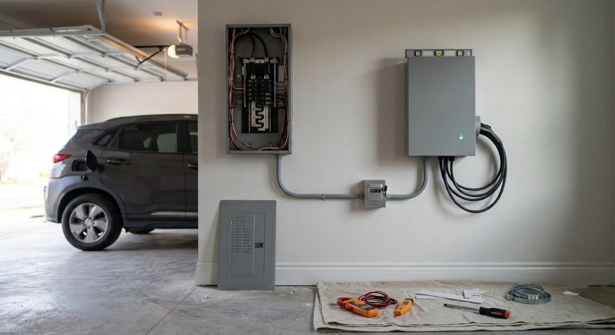 Garage wall with two gray electrical boxes and coiled cable beside a parked black car