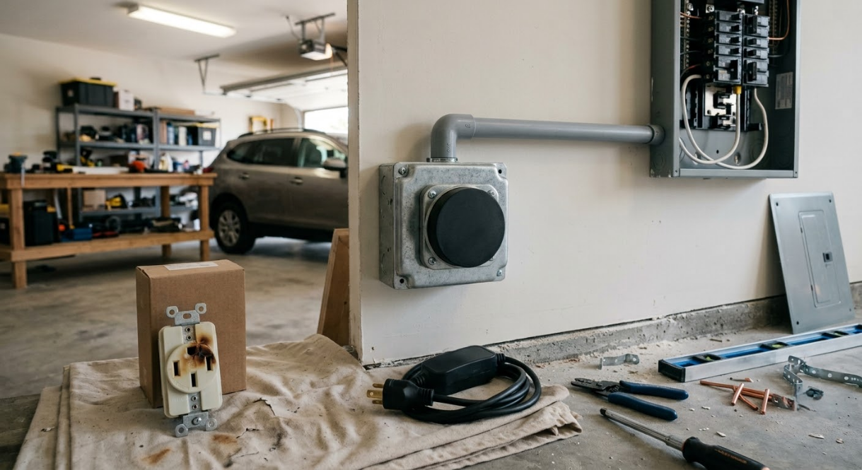Garage workshop with electrical wiring, tools, and a car in the background