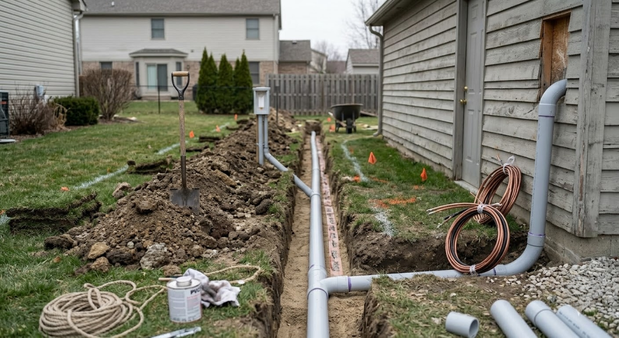 Trench and exposed white pipe running along a house side yard, with dirt piles and coiled hose.