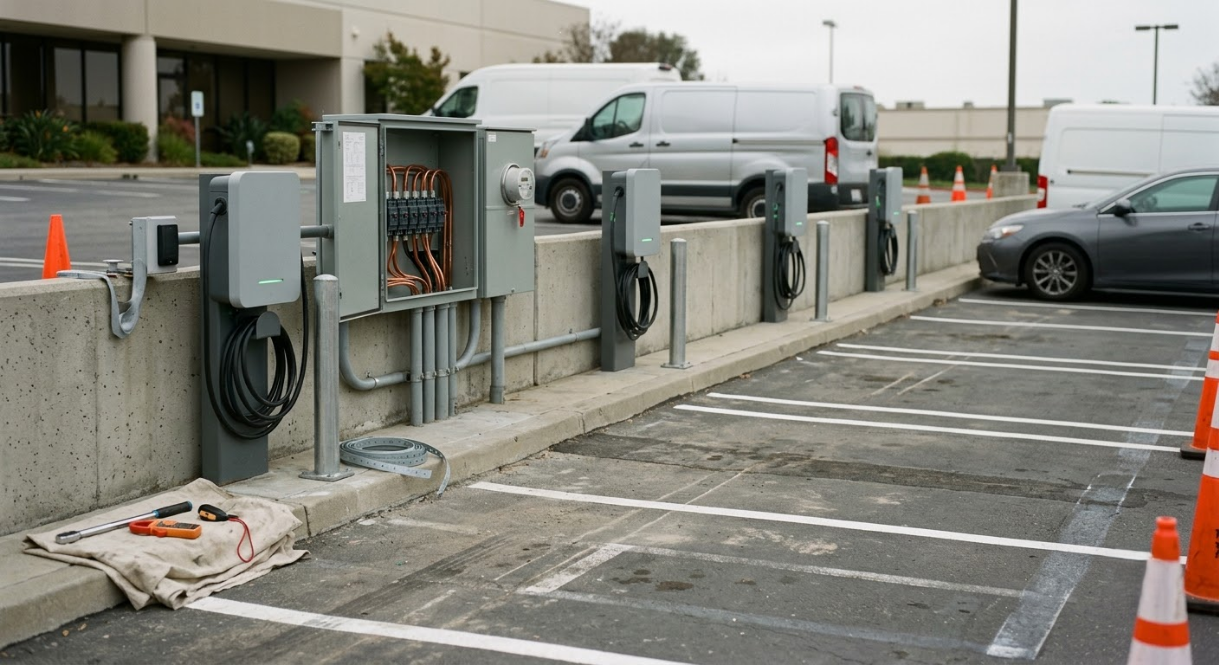 Parking lot with charging stations, a van, and a car beside orange cones and marked spaces
