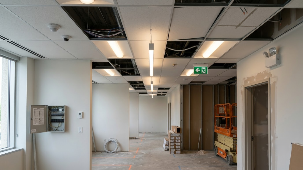 Office hallway under renovation with exposed ceiling tiles, construction materials, and a green exit sign.