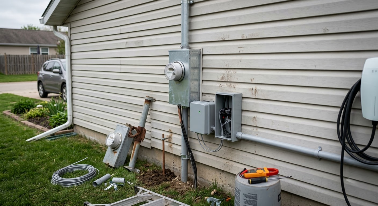 Damaged house siding with exposed electrical meter and loose wires beside tools on the ground