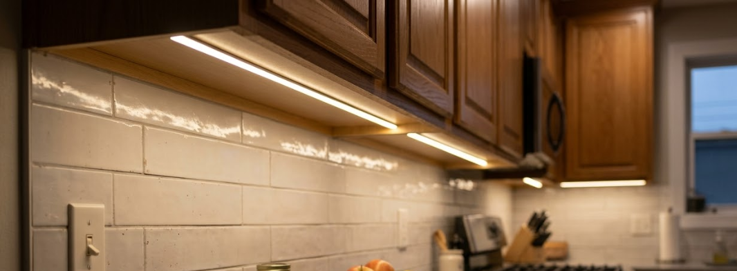 Warmly lit kitchen backsplash with under-cabinet lights, wooden cabinets, and a window at right