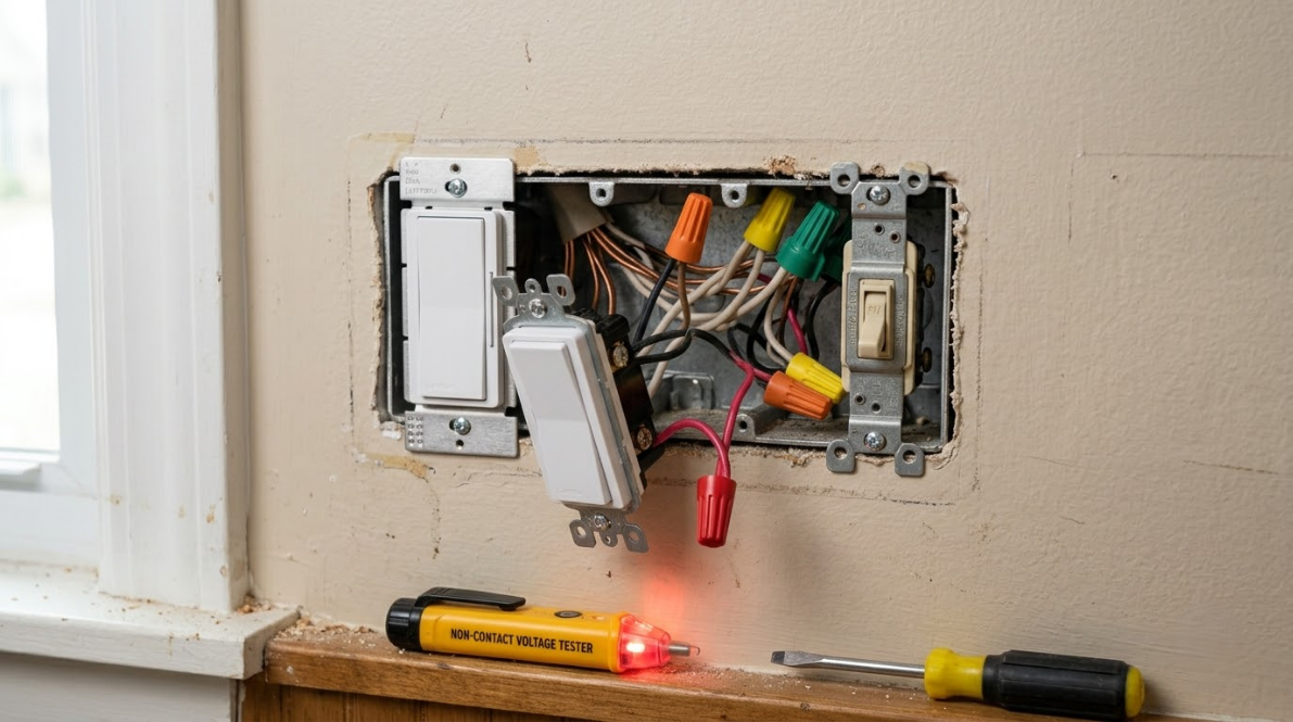 Open electrical wall box with exposed multicolored wires and tools on a ledge below.