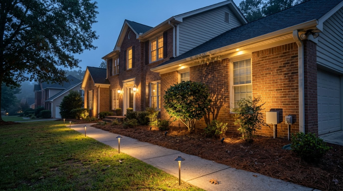 Well-lit brick house exterior at dusk with a curved walkway and landscaped front yard