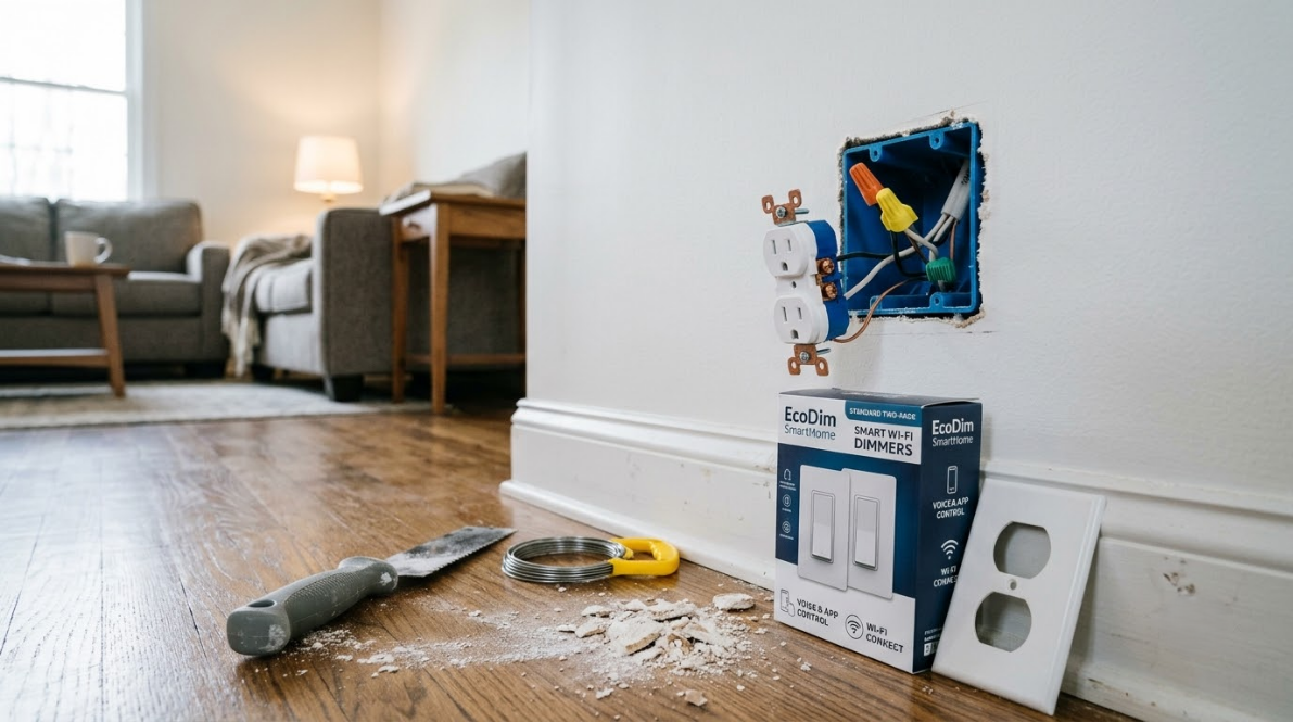 Kitchen floor with spilled debris, a toy fish, and an open product box by the wall in a living room.