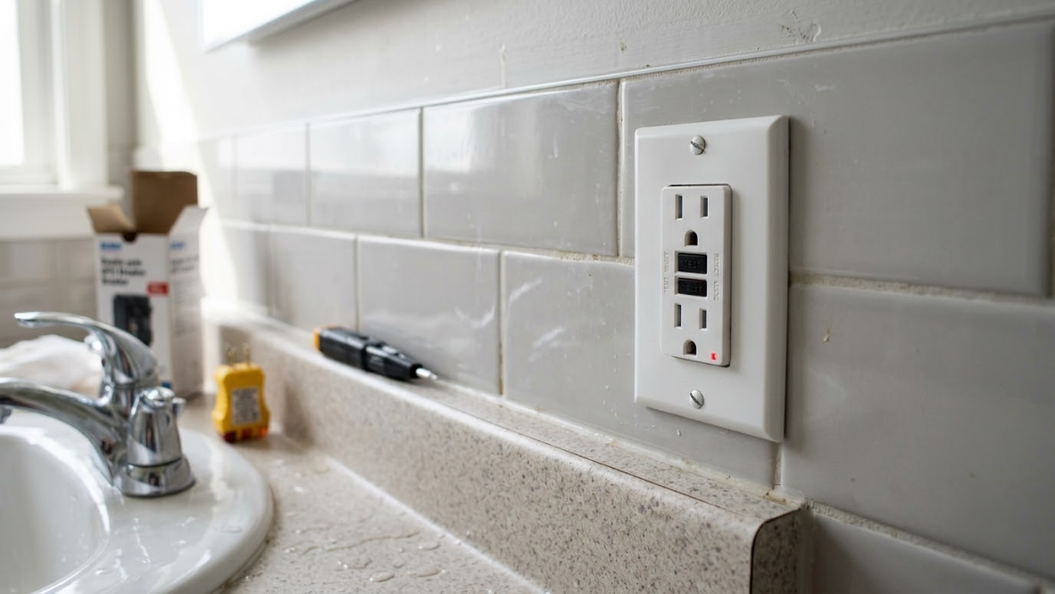 Bathroom sink with a white GFCI outlet on a tiled backsplash