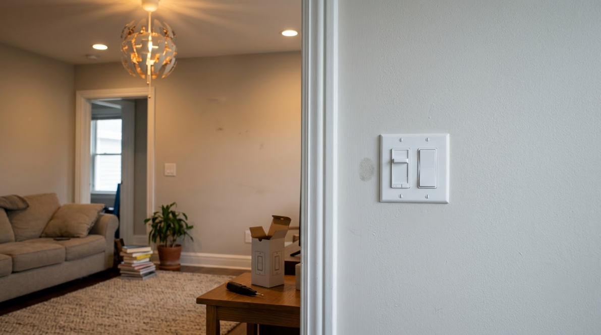 Living room with beige sofa, wooden table, plant, and wall light switch in the foreground