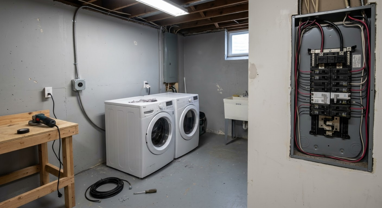 Laundry room with washer, dryer, utility sink, and open electrical panel on the wall