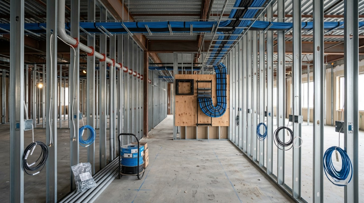 Interior of a new building under construction, with exposed framing, ducts, and hanging cables in an unfinished hallway