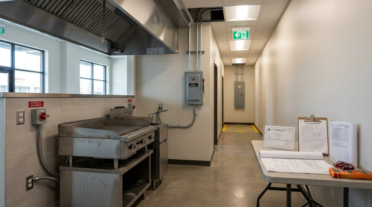 Industrial kitchen with stainless steel equipment, a sink, and a hallway leading to a door.