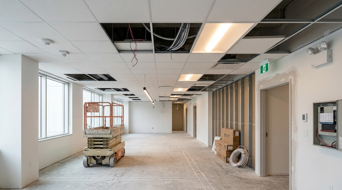 Unfinished office hallway with exposed ceiling, construction cart, windows, and wall-mounted fire equipment.
