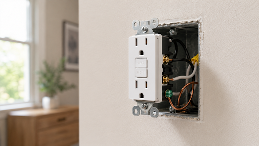 Partially installed white GFCI outlet in an open wall box with exposed wiring