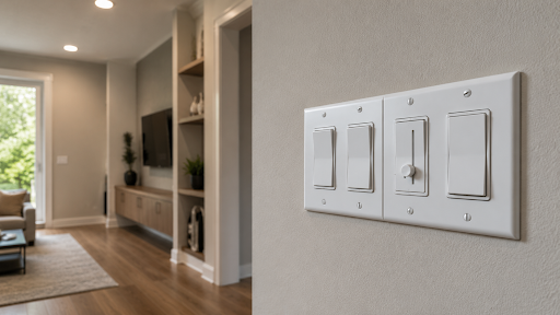 White light switches on a wall in a bright hallway near a living room and window.
