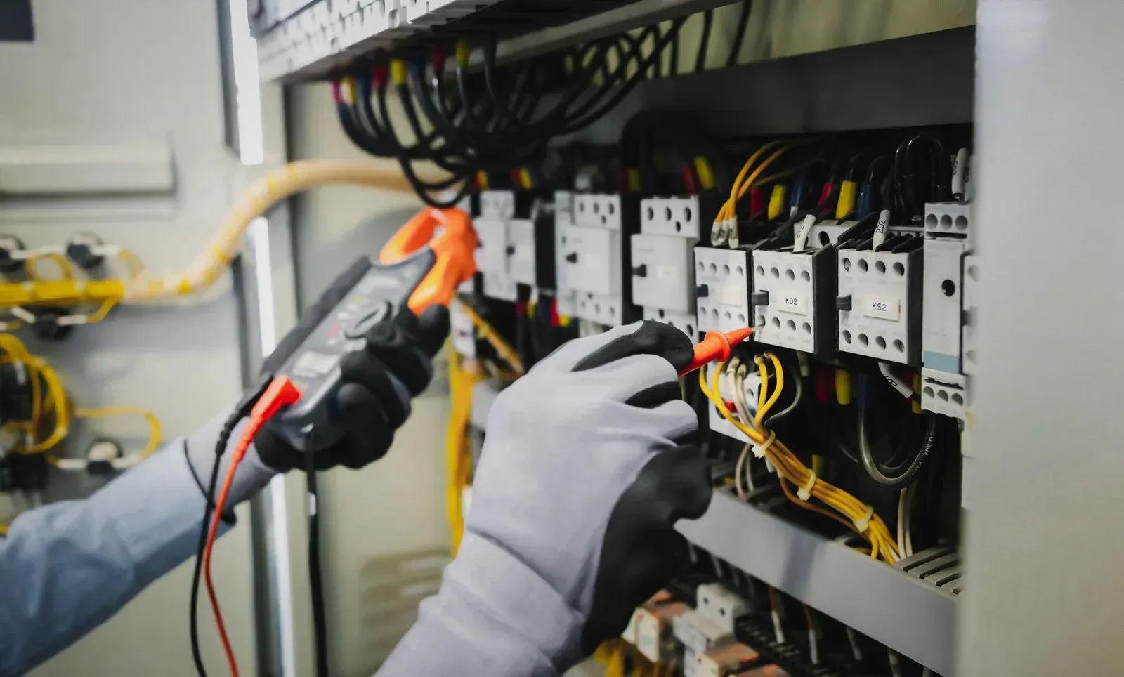 Gloved hands using tools on electrical wiring inside an open control panel