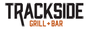 A logo for a restaurant called trackside grill and bar